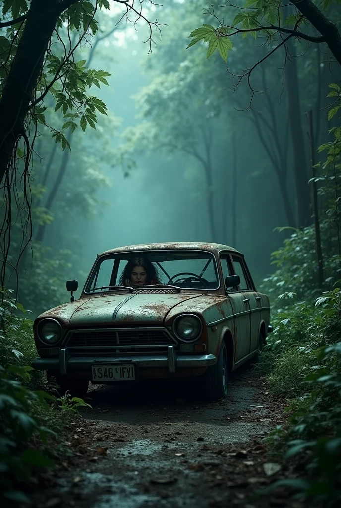 Haunted Jungle ke andar ek sadak aur use sadak per car jo ki kharab ho chuki hai jismein ladki fasi Hui hai vah call Karti hai image