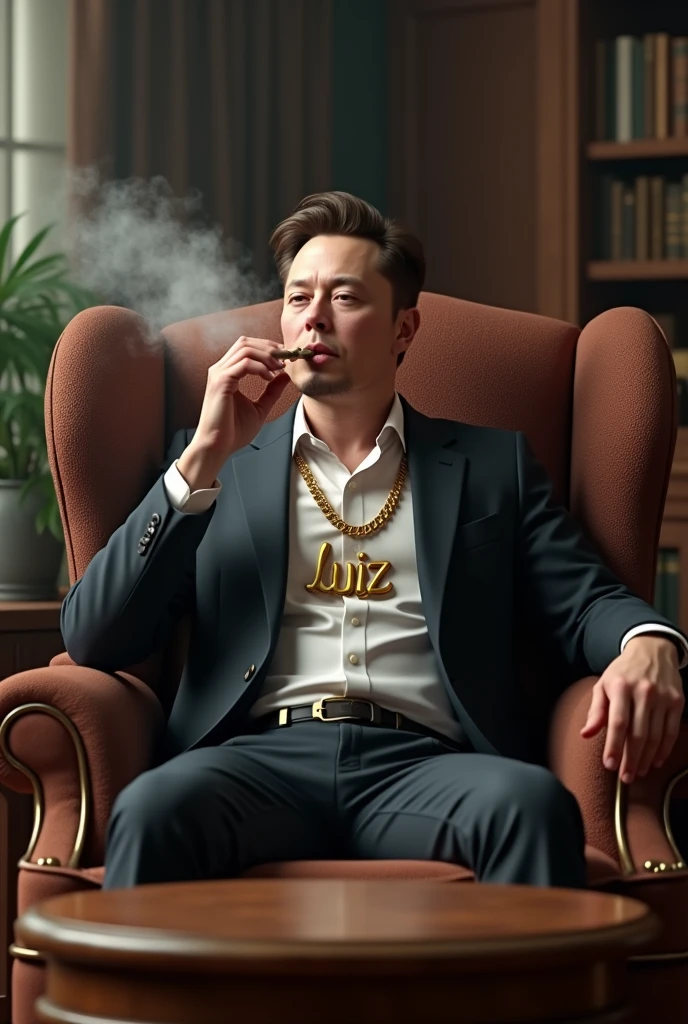 Generate a high-quality 3D photo of Elon Musk sitting in an armchair smoking marijuana with a table in front of him. He should be wearing a gold chain around his neck with the word 'Luiz' written in the middle of the chain.