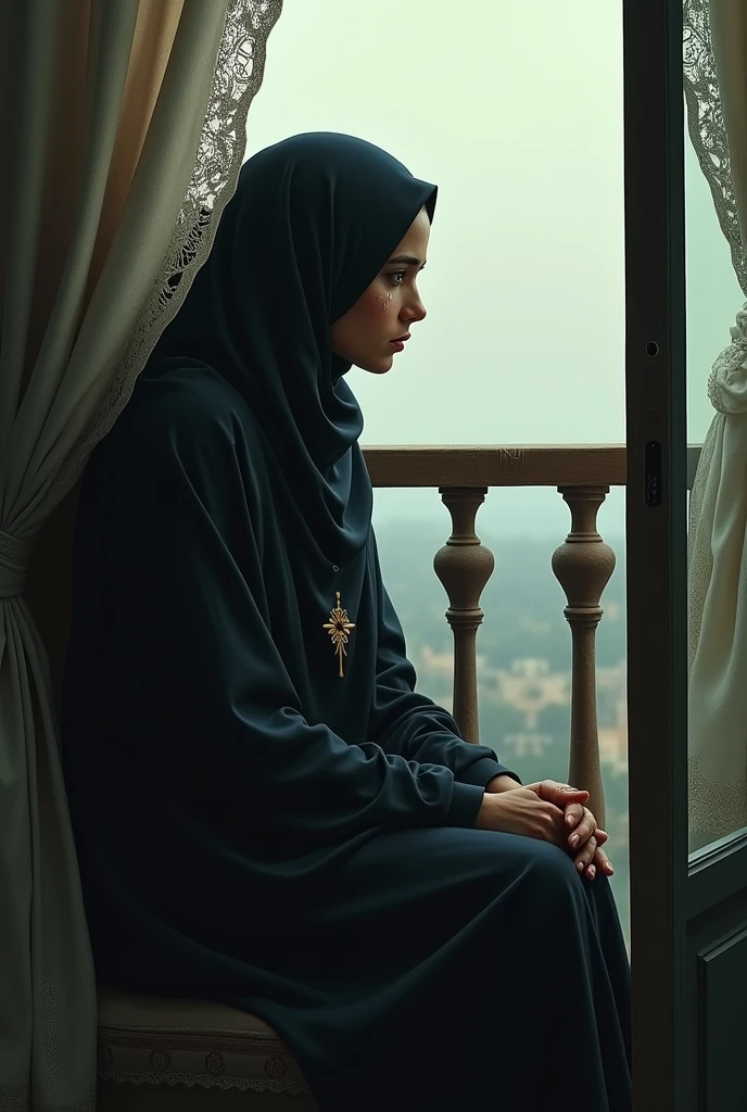 One women muslim sad and craying in the balcon room viewe behind