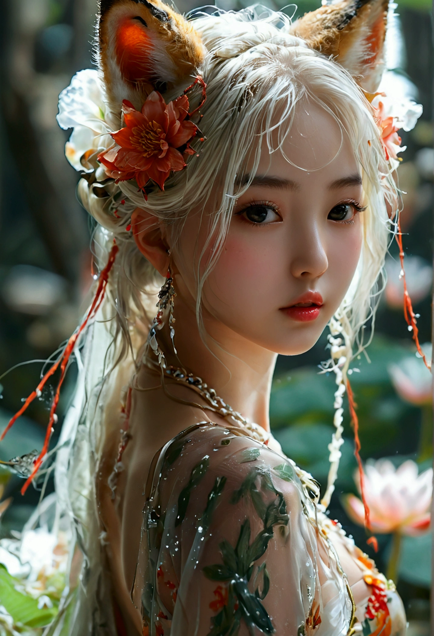 ((4K,Masterpiece,Best quality)), shuimobysim, Ultra photo realsisim，illustration，A high resolution，Very detailed faces，8k，tmasterpiece，photographrealistic，1girll，Award-Awarded，poster for，Best picture quality，CG，profesional lighting，16yo girl，（（best qualtiy，tmasterpiece：1.3）），solo，Highly Detailed Face and Skin Textur，fully body photo，Elaborate Eyes，Traditional Chinese painting, lotuses, Hanfu, maxikit,  1 girl, solo, whaite hair, long whitr hair, fox ear, Transparent swimsuit，Expose the chest，Naked，naked private parts，Clear tulle，and wear no underwear，does not wear panties，Harnes，strappy，Delicate face，no clothes are worn, The fish, Many fish are close to the girl, looking at viewert, Titillating，Little ass，Cocked buttocks，hindquarters，Camel toes