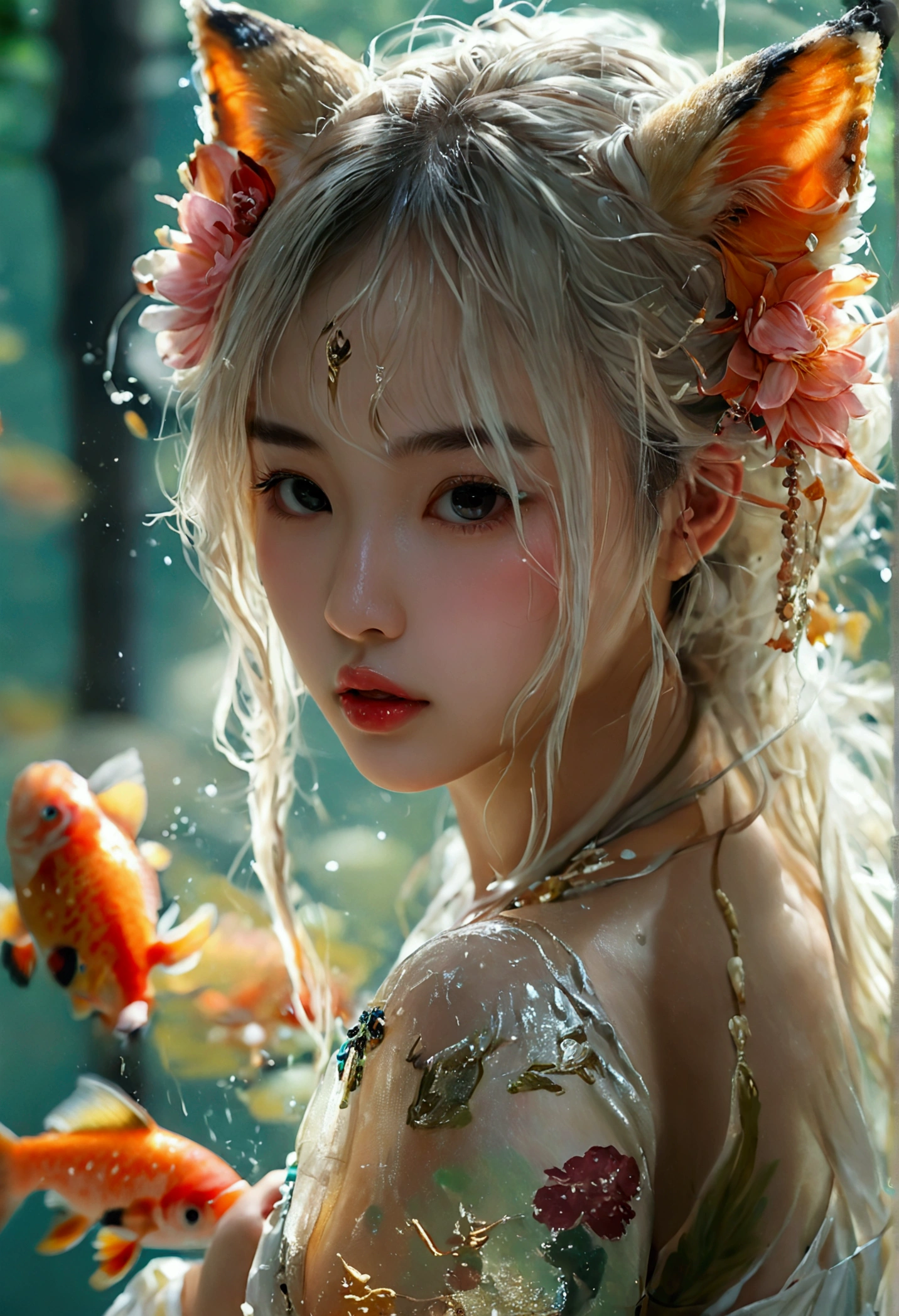 ((4K,Masterpiece,Best quality)), shuimobysim, Ultra photo realsisim，illustration，A high resolution，Very detailed faces，8k，tmasterpiece，photographrealistic，1girll，Award-Awarded，poster for，Best picture quality，CG，profesional lighting，16yo girl，（（best qualtiy，tmasterpiece：1.3）），solo，Highly Detailed Face and Skin Textur，fully body photo，Elaborate Eyes，Traditional Chinese painting, lotuses, Hanfu, maxikit,  1 girl, solo, whaite hair, long whitr hair, fox ear, Transparent swimsuit，Expose the chest，Naked，naked private parts，Clear tulle，and wear no underwear，does not wear panties，Harnes，strappy，Delicate face，no clothes are worn, The fish, Many fish are close to the girl, looking at viewert, Titillating，Little ass，Cocked buttocks，hindquarters，Camel toes