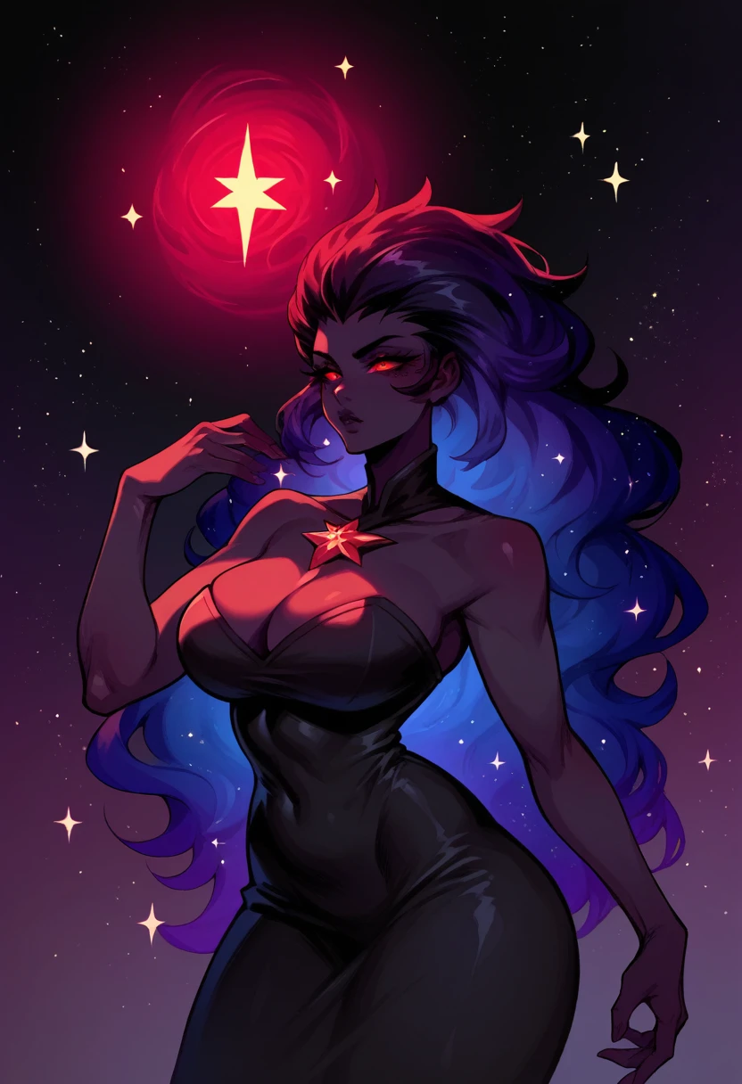 Mature woman,Black skin with stars inside, cosmic body, goddess, cosmic divinity,, body made of dark matter, cosmic aspect, red eyes, black gradient body turning white,spiky hair, rpg style,Cosmic black dress with star inside, curvy body 