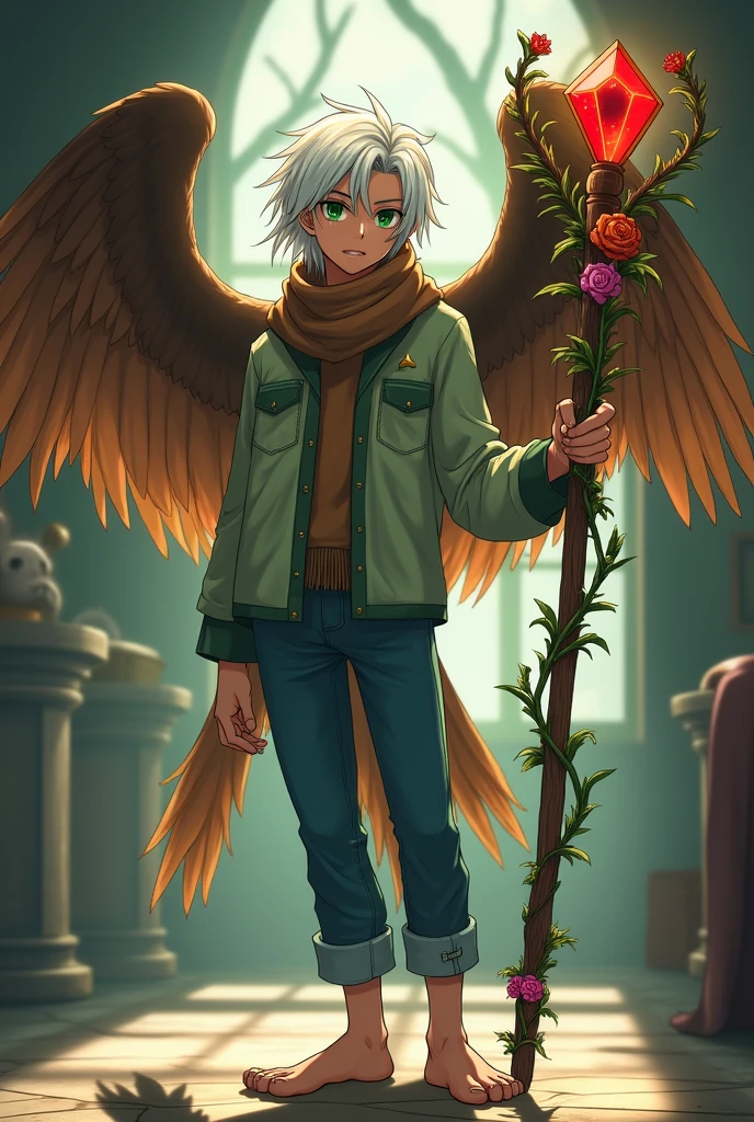 This image has to be an anime of an 18 year old ager with brown skin, long white hair and green eyes. He has beautiful brown bird wings that are very large. He is wearing a light green shirt with dark green details. He has a brown scarf, blue jeans and his feet are anisodactyl. He has a wooden staff with vines and flowers growing on it, and at the top of the staff there is a huge jewel. He is in a room and it's possible to see that his shadow has life.