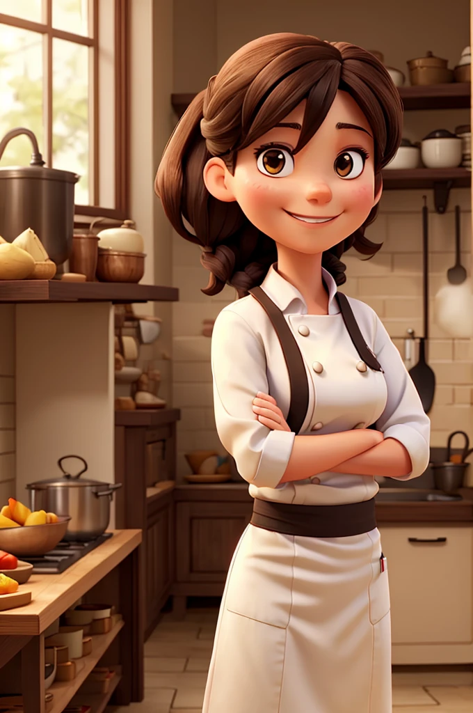 woman in chef outfit smiling, with arms crossed, slightly slanted eyes very long dark hair