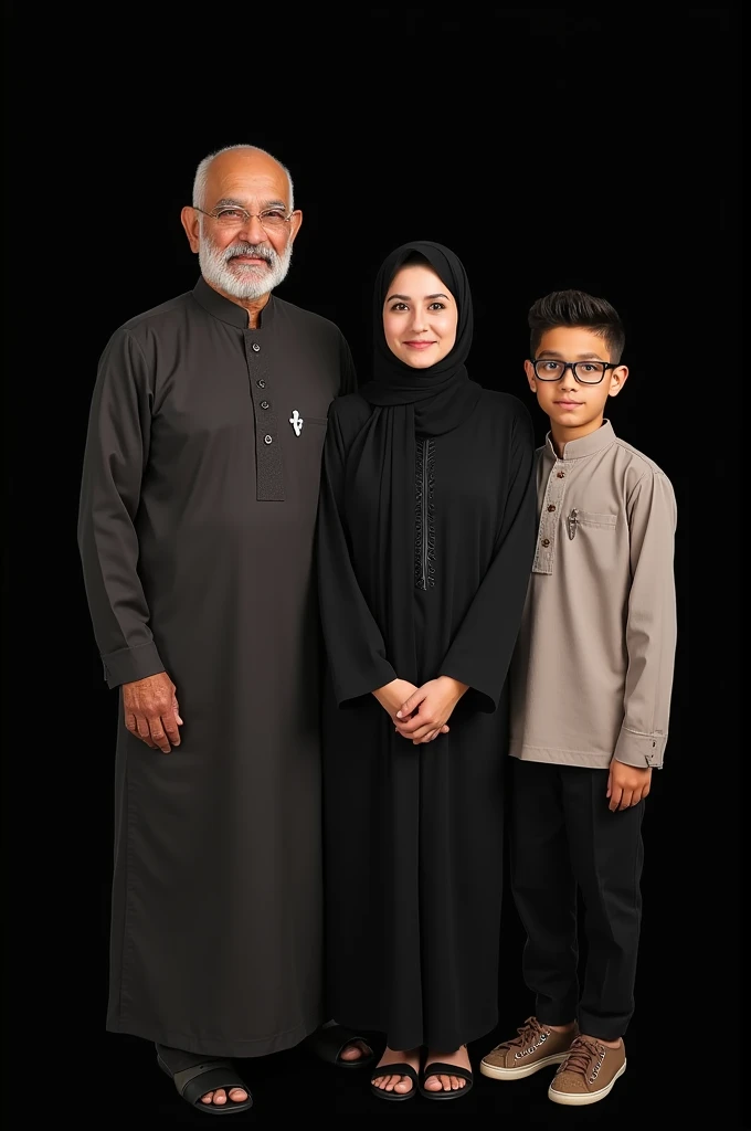 family studio photo of 4 people wearing muslim clothes with the same theme, 73 year old father with thin bald hairstyle, 70 year old mother wearing hijab, 20 year old first son wearing glasses with neat hairstyle, 15 year old second son with neat hairstyle. black background