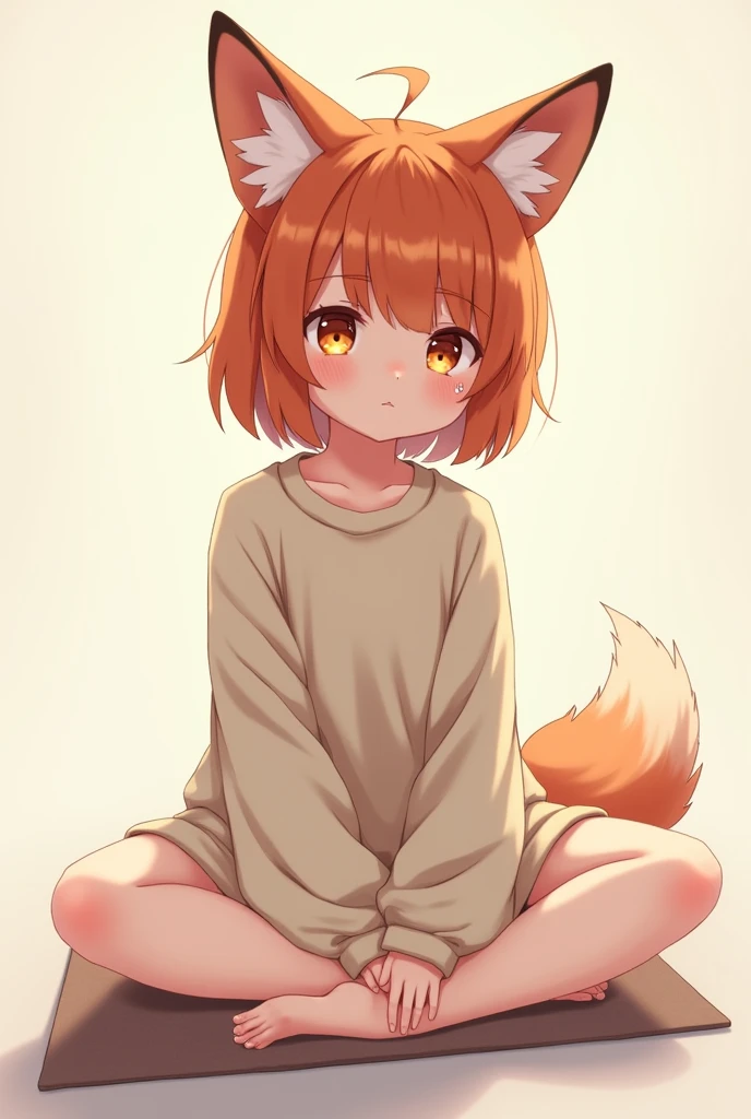 sen, animal ears, fox ears, fox girl, fox tail, hair flower, hair ornament, orange eyes, orange hair, short hair, tail, flat chest,in a bed, sitting down, with tight clothes, taking off her clothes, smile, embarrassed,with traditional Japanese clothes, single character,in a bedroom background,with   face expetion,with 2 hand or her thigh, Not fully naked and exposed.