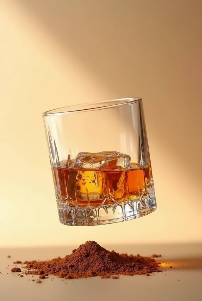 smaller short glass of wiskey with many cristal details and ice inside taking a realistic photo with beige background and in the air with a brown tobacco outside of the glass without fire