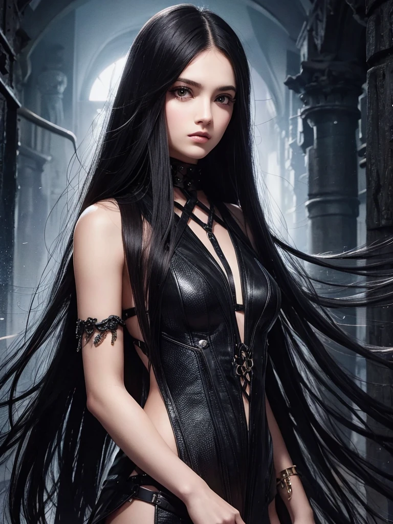 Long hair, black hair, from one side,Apocalypse, Gothic art, woman in spiked armor