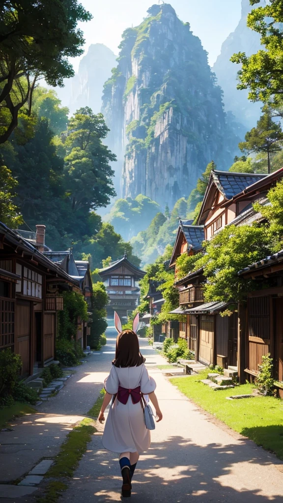Fairy tale world、Ghibli style、The back view of walking、A world where yokai live in the mountains、Anime Style1人の, Brown Hair, Bunny ears, Anime Style,
