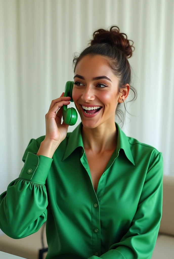A Brazilian woman wearing a green blouse talking on a green phone, in your home with a white background