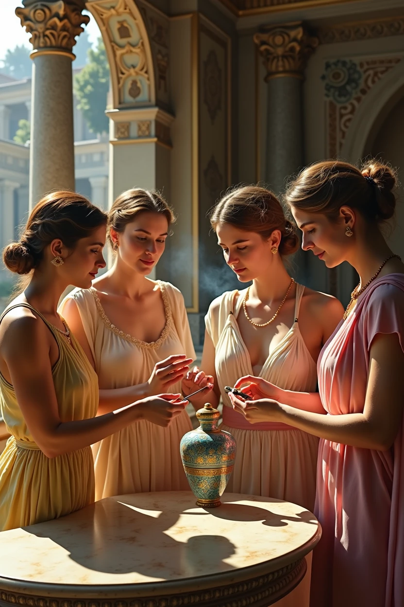 Women in ancient Rome testing perfume in a faience bottle
