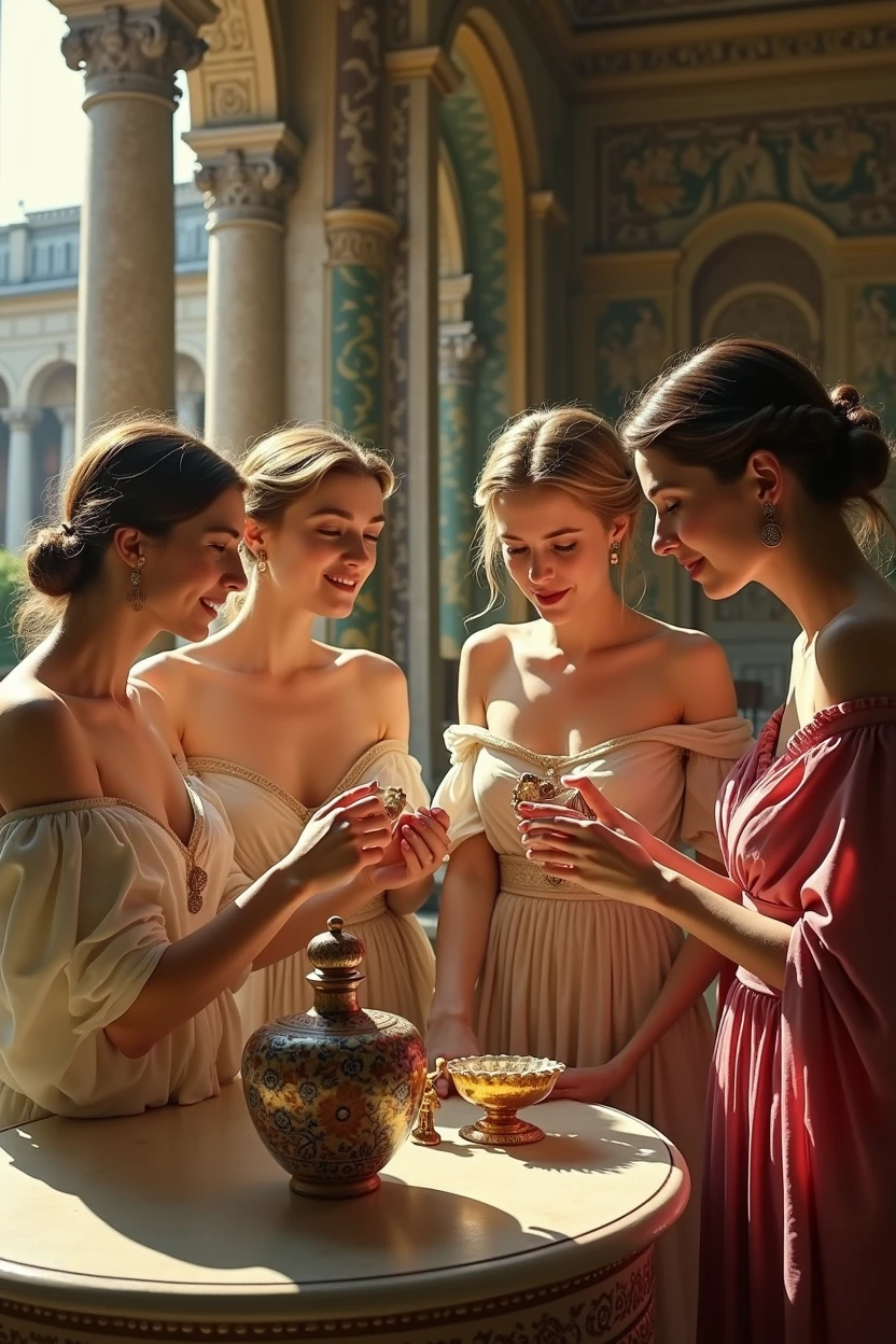 Women in ancient Rome testing perfume in a faience bottle