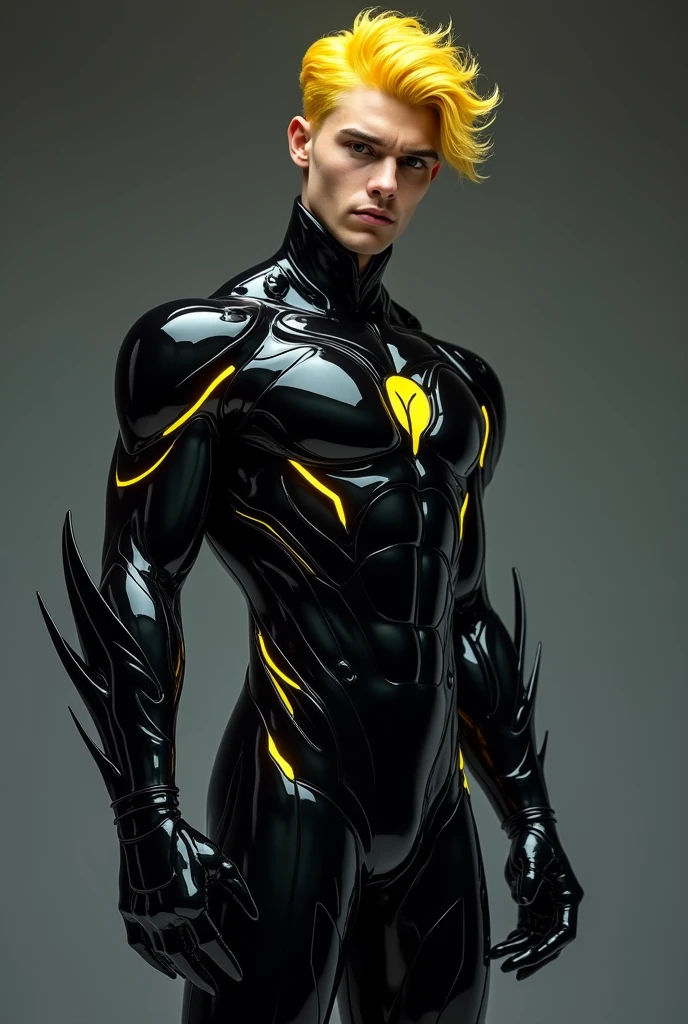 full full body photorealistic handsome hunky fractal masculine  titans yellow haired Dark boy.. wearing black onyx transparent crystal chrome glass super suit , look at camera, detailed face parts,, studio as background, Freestyle Pose, Happy Expression, perfect anatomy, symmetric body,, 18 years old,  :: high detail, a lean athletic body, realistic, human skin, extremely detailed fingers,  chad chin,, masculine, human skin, (eyes contact), gorgeous, Attractive. super bulges in action 