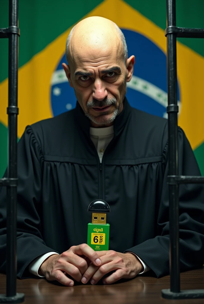 image of the Minister "Alexandre de Moraes in black toga", egg-shaped brain, electronic ballot boxes.
, Brazil's flag, a large green and yellow colored pen drive , written 6 Gigas . dictator, prisoner behind bars