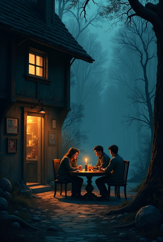 A bar outside the haunted forest or 3 friends with car imege 