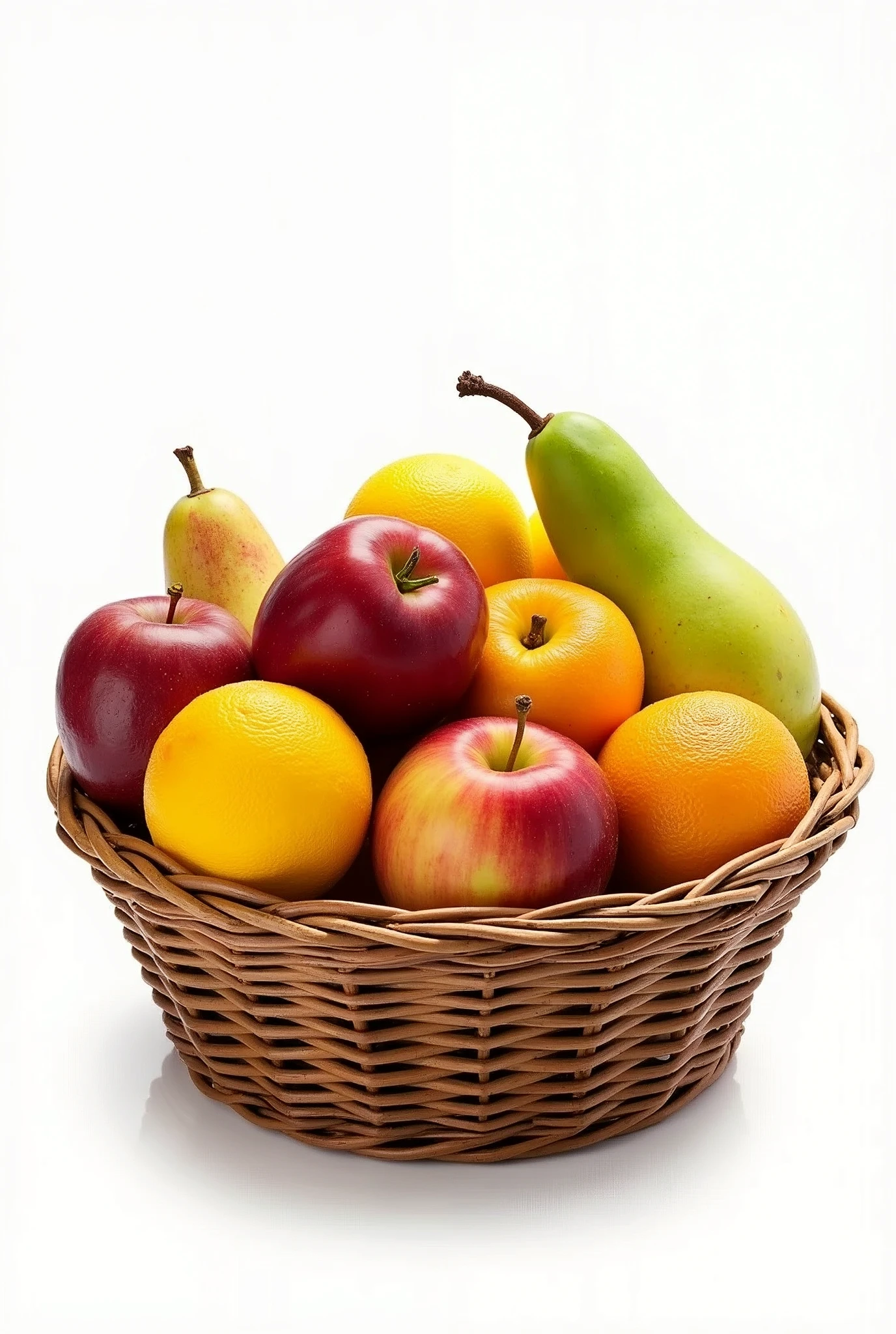 Assorted fruits in a basket, masterpiece,top-quality,professional photograpy,detail portrayal,8K,the background is white