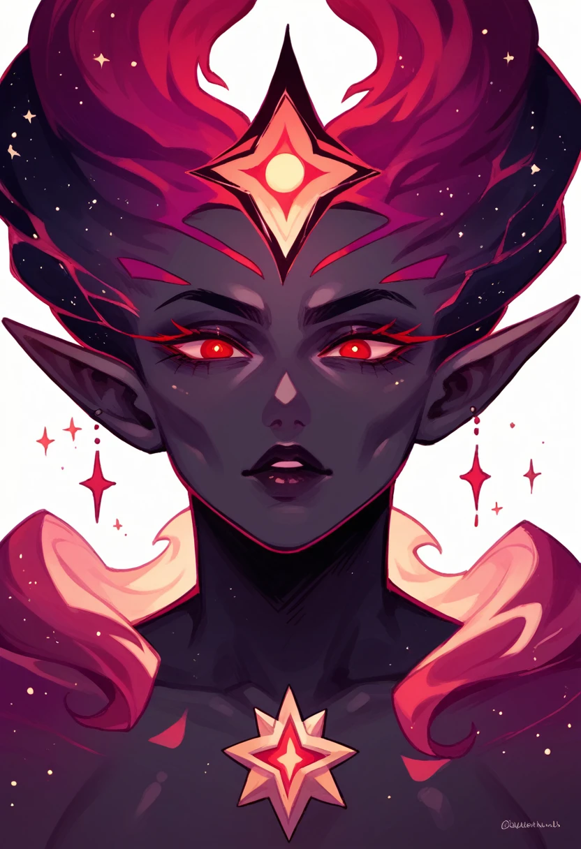Mature woman,Black skin with stars inside, cosmic body, goddess, cosmic divinity,, body made of dark matter, cosmic aspect, red eyes, black gradient body turning white,spiky hair, rpg style,Cosmic black dress with star inside, curvy body