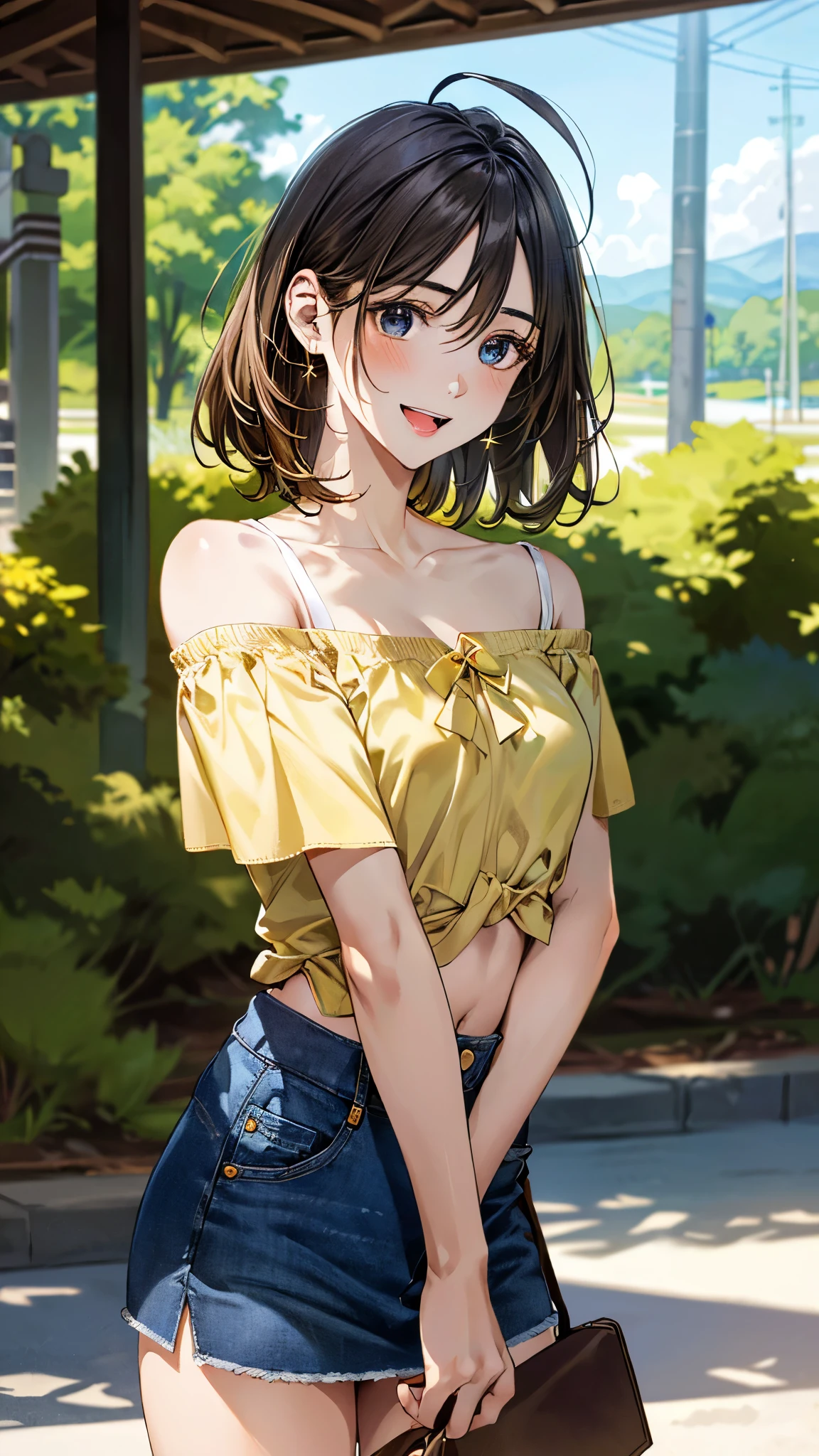 (masterpiece:1.3, top-quality, ultra high res, ultra detailed), (realistic, photorealistic:1.4), beautiful illustration, perfect lighting, natural lighting, colorful, depth of fields, surrealism,
beautiful detailed hair, beautiful detailed face, beautiful detailed eyes, beautiful clavicle, beautiful body, beautiful chest, beautiful thigh, beautiful legs, beautiful fingers,
looking at viewer, 1 girl, high school girl, (perfect ???????, anatomically correct, super detailed skin), cute and symmetrical face, babyface, perfect face, perfect eyes, shiny skin,
(short hair, sideburns, straight hair, light brown hair), ahoge, hair between eyes, blue-green eyes, big eyes, long eyelashes, (medium breasts, seductive thighs), slender, narrow waist,
(detailed cloth texture, break short sleeve off- shoulder yellow shirt, midriff:1.2, break denim tight skirt), break
(beautiful scenery), evening, (caffee:1.2), standing, (index finger raised), (lovely smile, open mouth small),
