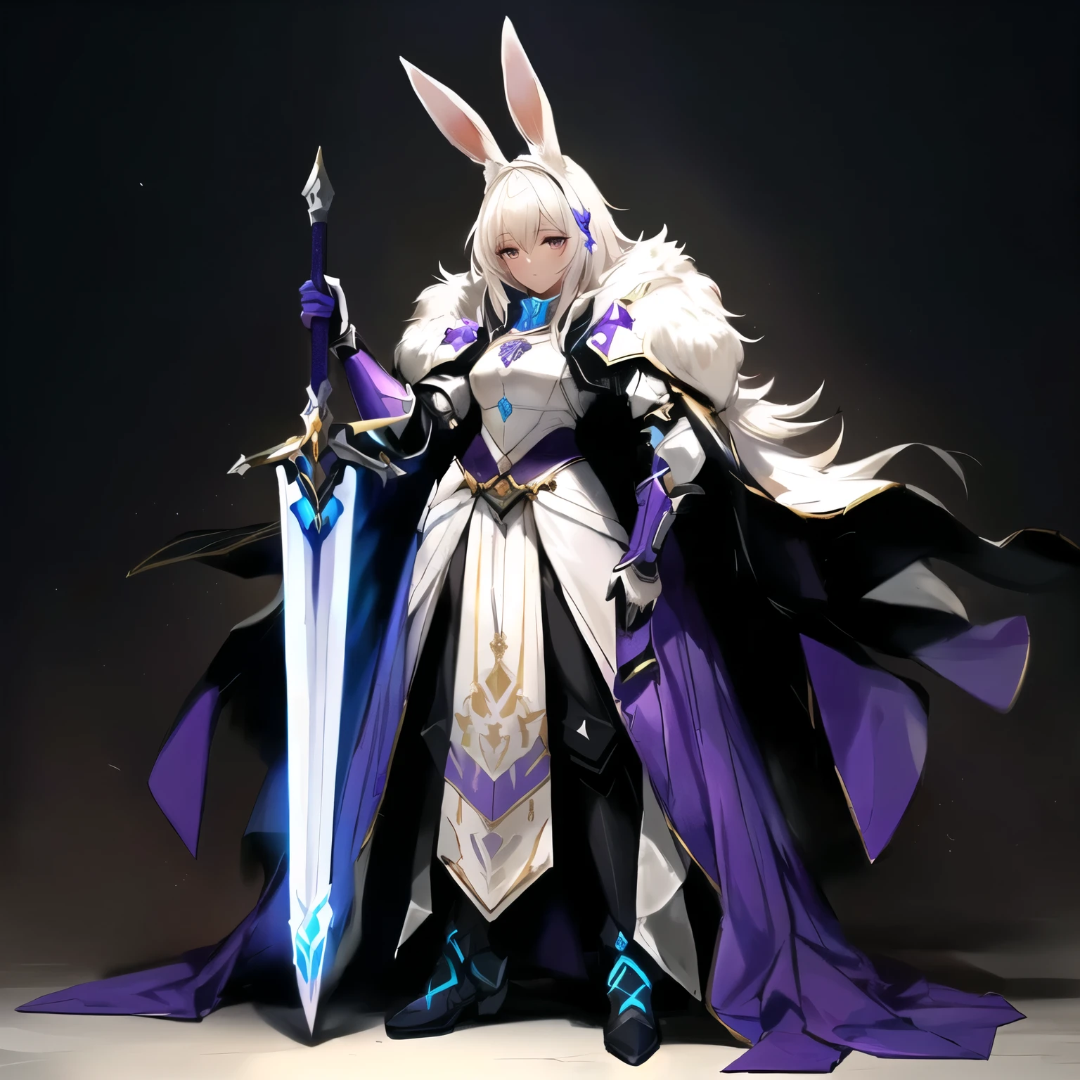 arafed woman dressed in a white and purple outfit holding a sword, rabbit warrior, rabbt_character, epic exquisite character art, bunny with helmet and sword, from arknights, stunning character art, knights of zodiac girl, league of legends character art, arknights, 2. 5 d cgi anime fantasy artwork, portrait knights of zodiac girl, stoic expression
