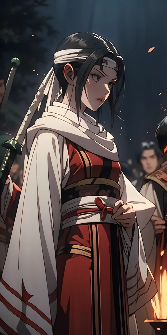 Create a dynamic portrait of a young Japanese warrior woman in three-quarter view, facing slightly to the right. Her eyes are closed in deep concentration, eyebrows slightly furrowed. Long, silky black hair is tied high on her head, with a few strands escaping to frame her face. A white headband with a round green gem sits on her forehead. Her pale skin has a soft glow, with a hint of pink on her cheeks and lips. She wears a white kosode (kimono-style top) with wide sleeves and a red hakama (pleated skirt-like pants). A green and yellow obi (sash) is tied around her waist. Dark arm wraps cover her forearms. She grips a katana with both hands, the blade crossing diagonally in front of her body from lower left to upper right. The sword's hilt is ornate, featuring green wrapping and gold accents. The character is in motion, her clothing and hair flowing dramatically. White and red fabric billows behind her, creating sweeping curves that contrast with the straight line of the sword. The background is dark and atmospheric, with hints of orange and red suggesting fire or embers. Sparks or small flames float in the air around her. Lighting is dramatic, with a strong light source from the upper left casting shadows and creating a rim light effect on the character's right side. The overall style should blend traditional Japanese art with modern fantasy illustrations, emphasizing clean lines and a sense of movement and power.
