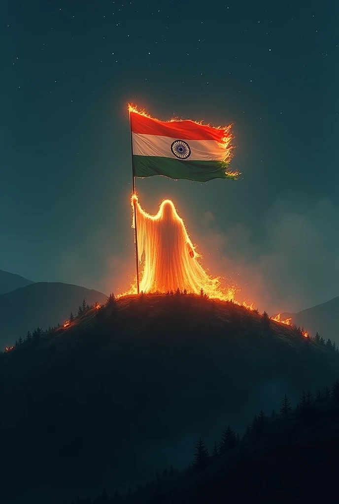 Ghost sitting atop a hill at night, caught in flames, holding high the unharmed indian national flag