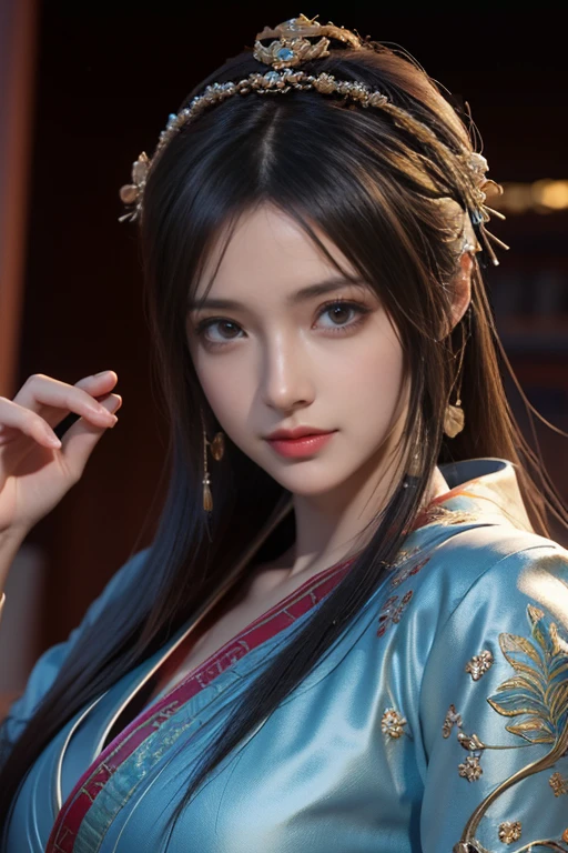 Masterpiece，The best qualities，Very high resolution，8K，((Portrait))，((Head close-up))，Original photo，real photo，digital photography， (Women in ancient Chinese style)，(Ancient Chinese women)，23-year-old girl，(Long Horsetail Hair)，Beautiful red pupils，elegant and charming，proud and beautiful，Smiling，(Big breasts)，(Silk cloth clothes，An open silk coat，A fine pattern of dress，Silk cloth clothes in ancient Chinese style，Unlimited)，Ancient figures，Ancient Style， Photo pose，Ancient city background，Movie lights，Ray tracing，Game CG，((3D Unreal Engine))，oc render reflection texture