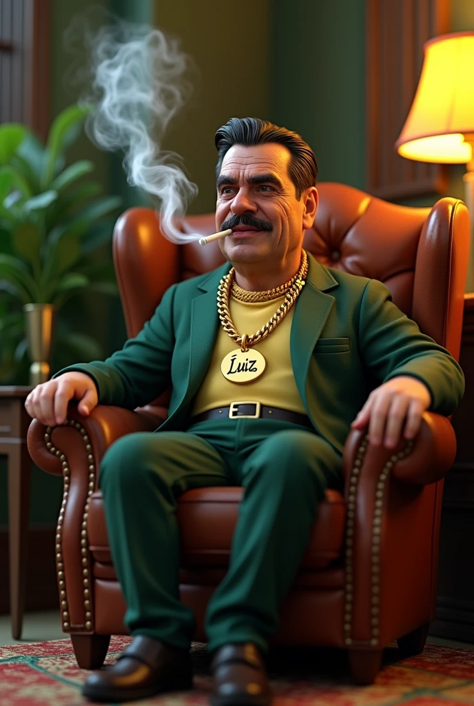 Generate a good quality 3D photo of Bolsonaro sitting in an armchair smoking marijuana and a table in front of him and with a gold chain around his neck and in the middle of the chain the word Luiz is written