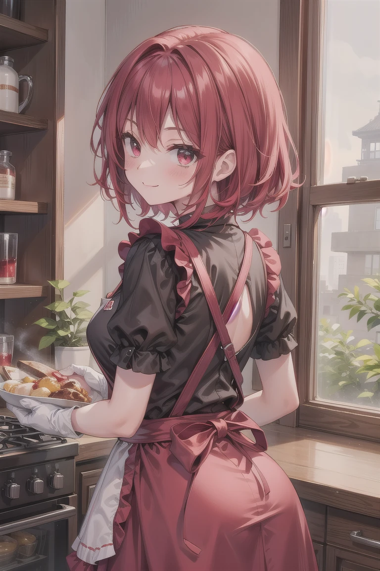 girl, medium breasts, black short sleeves chef uniform, Scarlet apron, Scarlet gloves, red medium wave hair, smile, from the back