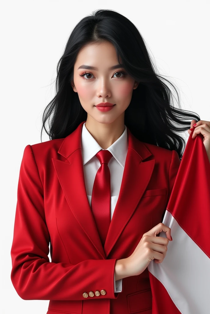 Portrait, Beauty Woman, Long Hair, Black Hair, Hold Indonesian Flag, Shirt, Blazer Red, Tie, White Background