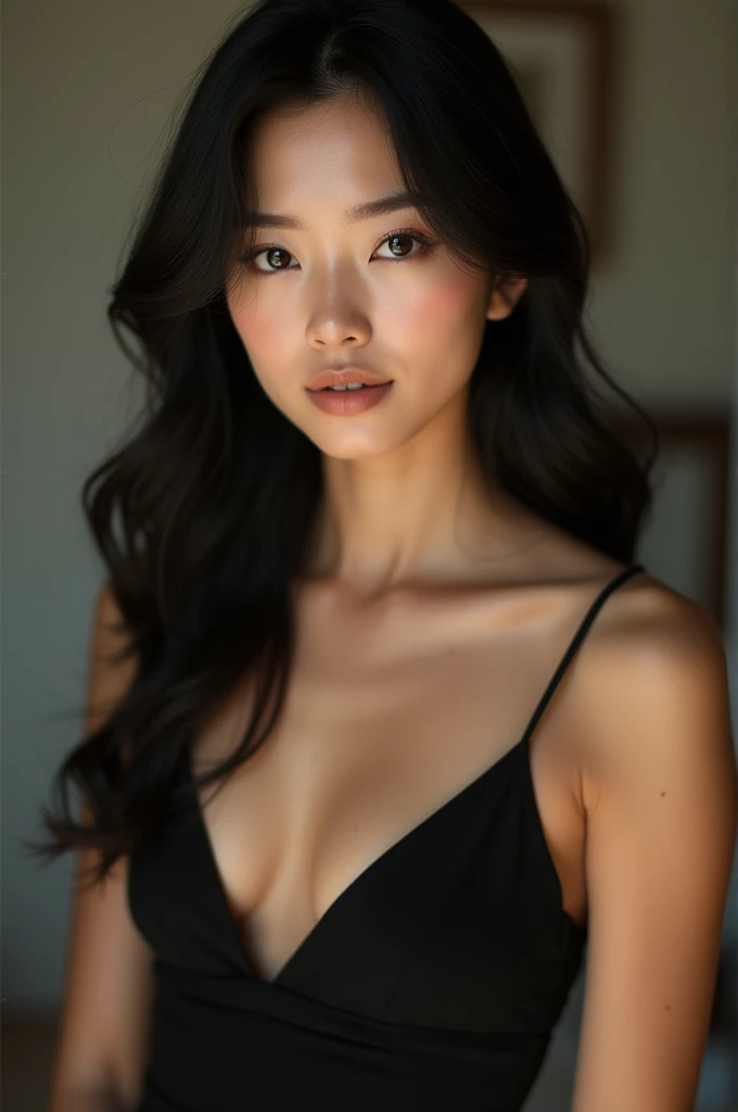 Japanese woman in a black dress posing for a selfie, Beautiful Chinese model, Beautiful Japanese girl, ???? look a la cámara, 18 years, HE IS IN FRONT OF THE CAMERA, Portrait Sophie Mudd, japanese goddess, Gemma Chen, ???? :8, ???? and hot body, ???? look, 21 years, 