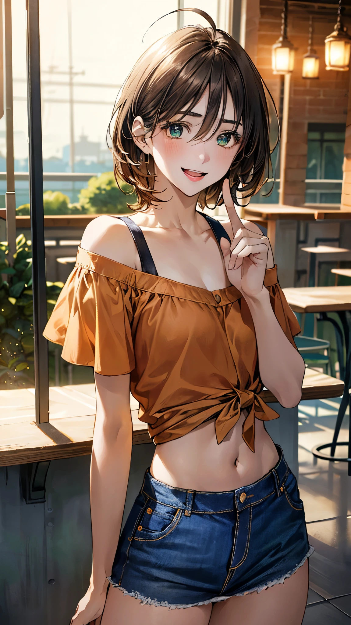 (masterpiece:1.3, top-quality, ultra high res, ultra detailed), (realistic, photorealistic:1.4), beautiful illustration, perfect lighting, natural lighting, colorful, depth of fields, surrealism,
beautiful detailed hair, beautiful detailed face, beautiful detailed eyes, beautiful clavicle, beautiful body, beautiful chest, beautiful thigh, beautiful legs, beautiful fingers,
looking at viewer, 1 girl, high school girl, (perfect anatomy, anatomically correct, super detailed skin), cute and symmetrical face, babyface, perfect face, perfect eyes, shiny skin,
(short hair, sideburns, straight hair, light brown hair), ahoge, hair between eyes, blue-green eyes, big eyes, long eyelashes, (medium breasts, seductive thighs), slender, narrow waist,
(detailed cloth texture, break short sleeve off- shoulder orange shirt, midriff:1.2, break denim tight skirt), break
(beautiful scenery), evening, (caffee:1.2), standing, (index finger raised), (lovely smile, open mouth small),