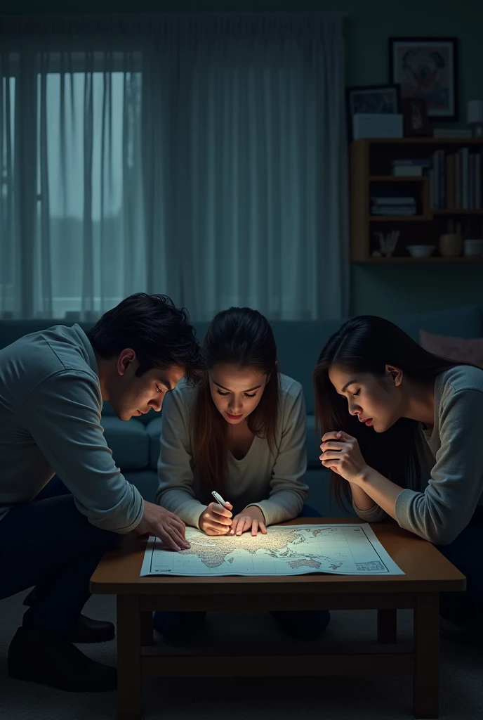 A man and two women in a living room at night talking, worried, tense and with their heads down in disbelief and a map on the coffee table