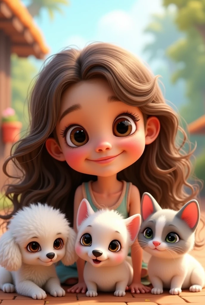 Girl with the following physical characteristics: brown wavy hair, large eyes, round, rosy cheeks. Must have three pets: a white poodle, A white short-haired Chihuahua with a brown spot on one eye and also a light gray cat with white.. Animated