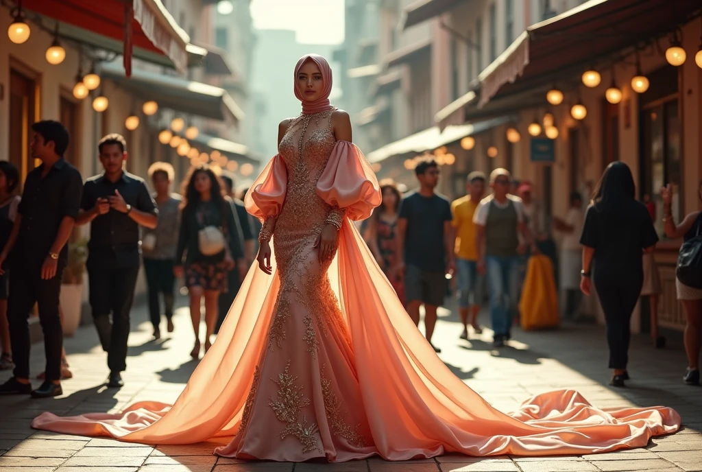 An malay woman in glamorous mermaid gown with long ballon sleeve, wear jewellery, wear modern satin hijab, entirety of fabric over botom dress about 7 meters in length trailing dramatically, glamours style, overlong dress train, extreme detail on the texture of the fabric, wear high heels, sexy random pose in crowded place, beautifull bright lighting, ultra realistic, high-resolution photography.