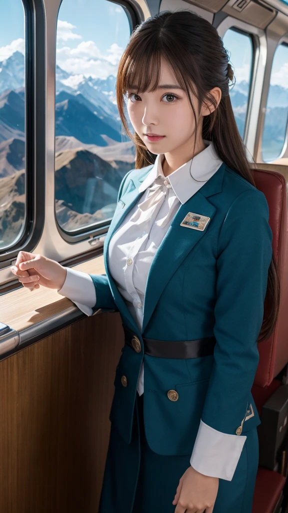 Super detailed, High resolution, Super detaileded, highest quality, wonderful, highest quality,Integrated 8K wallpaper, cinematic lighting, stewardess、20-year-old、Japanese、in mountain