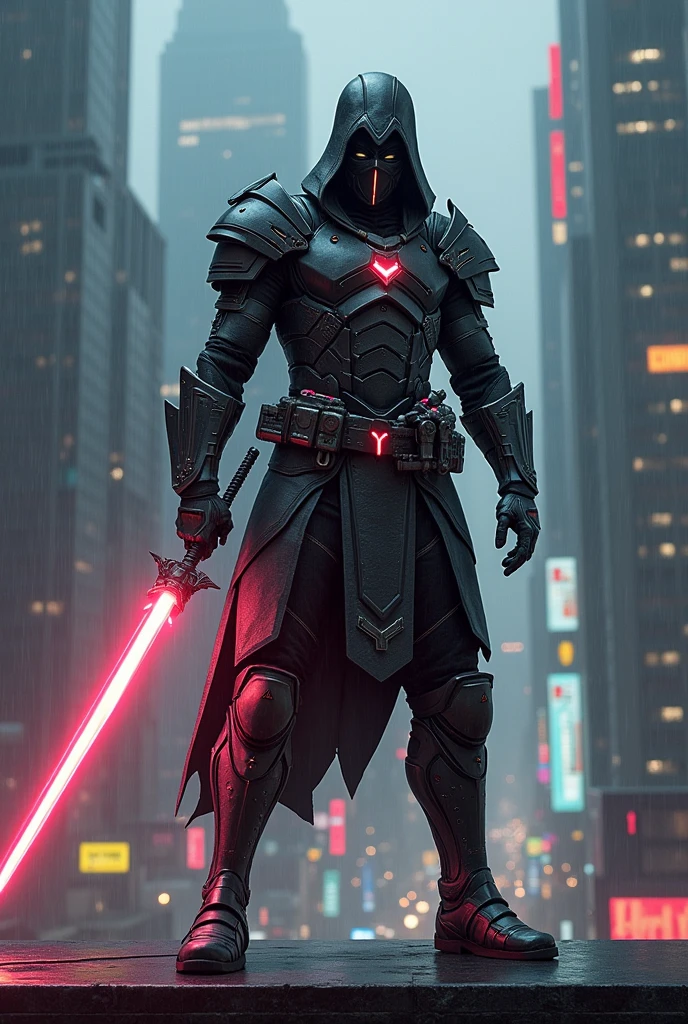 Create a highly detailed and futuristic image of an assassin in a dynamic combat stance, blending elements from various ancient warrior cultures. The assassin’s appearance is a fusion of historical and futuristic design, reflecting the deadly precision and honor of past warriors with the advanced technology and sleek aesthetics of the future.

The assassin's armor is an amalgamation of different ancient styles, seamlessly integrated with cutting-edge technology. His upper body is protected by a high-tech breastplate reminiscent of samurai armor, complete with layered, flexible plates that allow for swift movement. His arms are adorned with gauntlets inspired by medieval knights, featuring retractable blades and advanced targeting systems. His legs are covered with a blend of Spartan greaves and Roman centurion-style boots, providing both mobility and strength, while his belt holds an arsenal of futuristic weapons, including energy daggers and throwing stars.

In his hands, he wields a katana-like energy sword with a glowing, plasma blade that hums with power, combining the elegance of the samurai with the lethal efficiency of future technology. His face is partially concealed by a helmet that merges the fearsome mask of an ancient ninja with a high-tech visor that displays real-time combat data, giving him an edge in battle. The helmet’s design also incorporates elements of a Viking warrior’s helmet, with a sleek, modern twist.

The background is a dark, dystopian cityscape, with towering skyscrapers and neon lights reflecting off rain-soaked streets. The assassin stands poised on a rooftop, ready to strike, with the glow of his weapons casting an eerie light on his surroundings. His stance is low and ready, reminiscent of a warrior about to launch into battle, with every muscle tense and prepared.

The atmosphere is tense and charged with energy, capturing the essence of a deadly, futuristic warrior who embodies the skills, honor, and ruthlessness of the greatest w