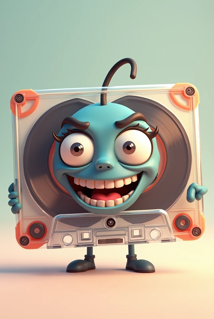 An animated cassette tape, Grinning