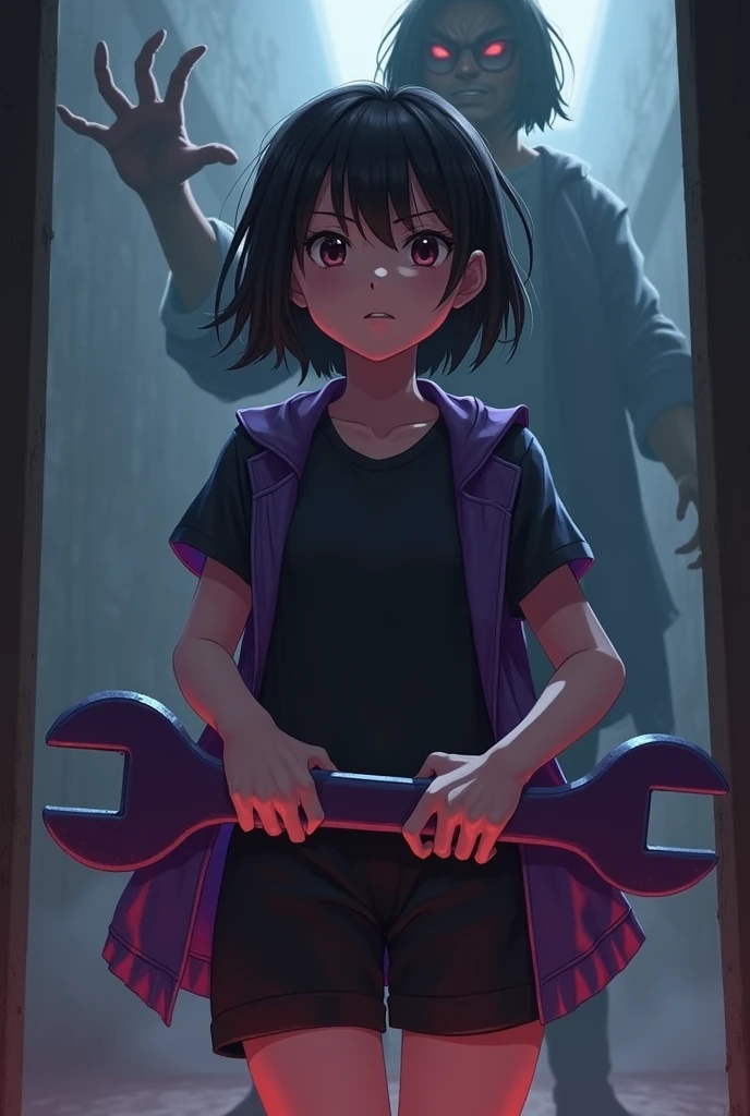 A -yeld giwith short hair, wearing a black short-sleeved shirt underneath a purple jacket. In her hand is a large purple wrench. She is wearing black shorts. Behind her is a terrifying hand, and a demon appears in the shadows.