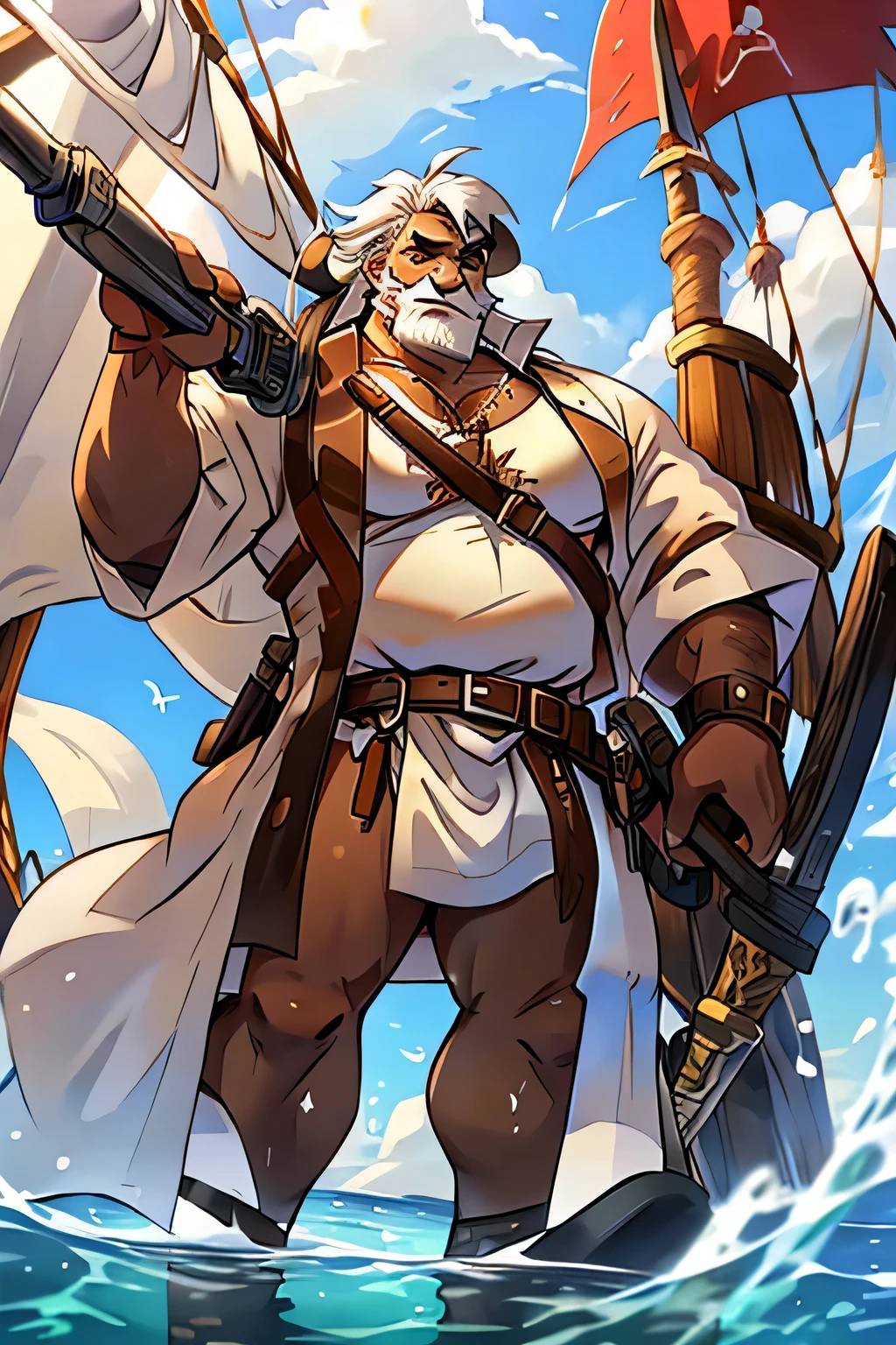 Daddy,big body,beard face, pirate,dark skin, white hair, brown eyes, age 70, big man, standing on pirate ship, white tunic, short sleeve, plumpy man, water background, long sword, pirate gun, drinking rum bottle, long hair, pirate rifle