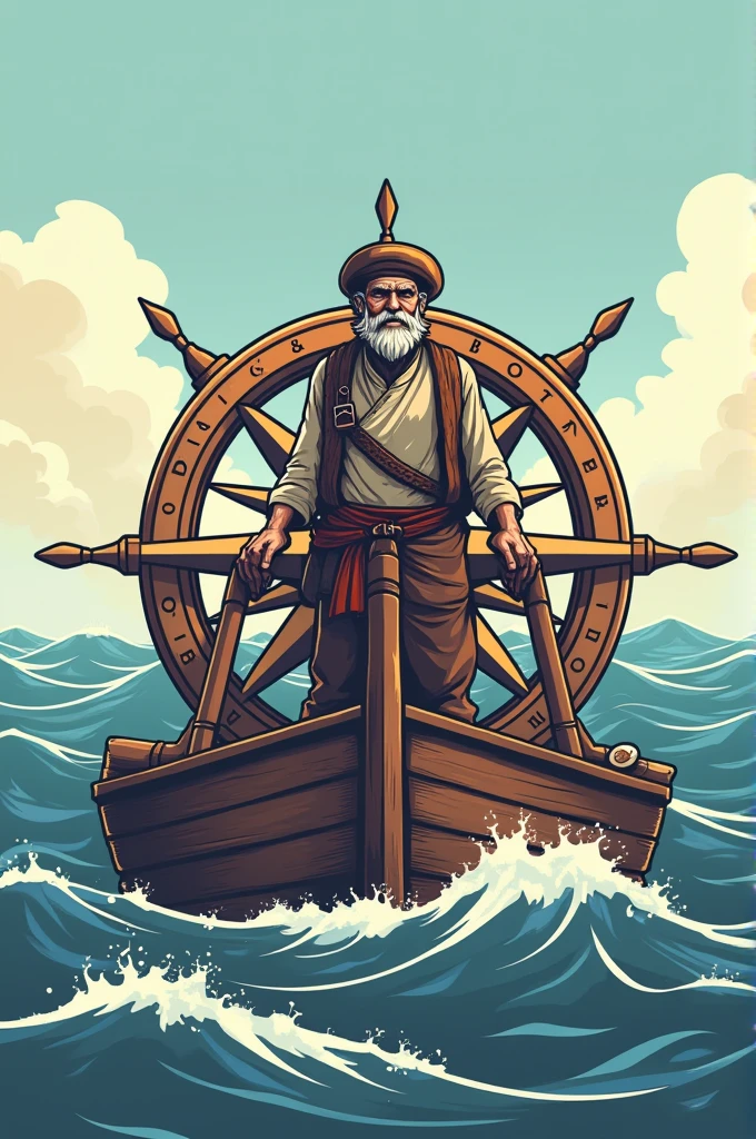 Logo that has a compass, a sailor and something related to technology and coffee