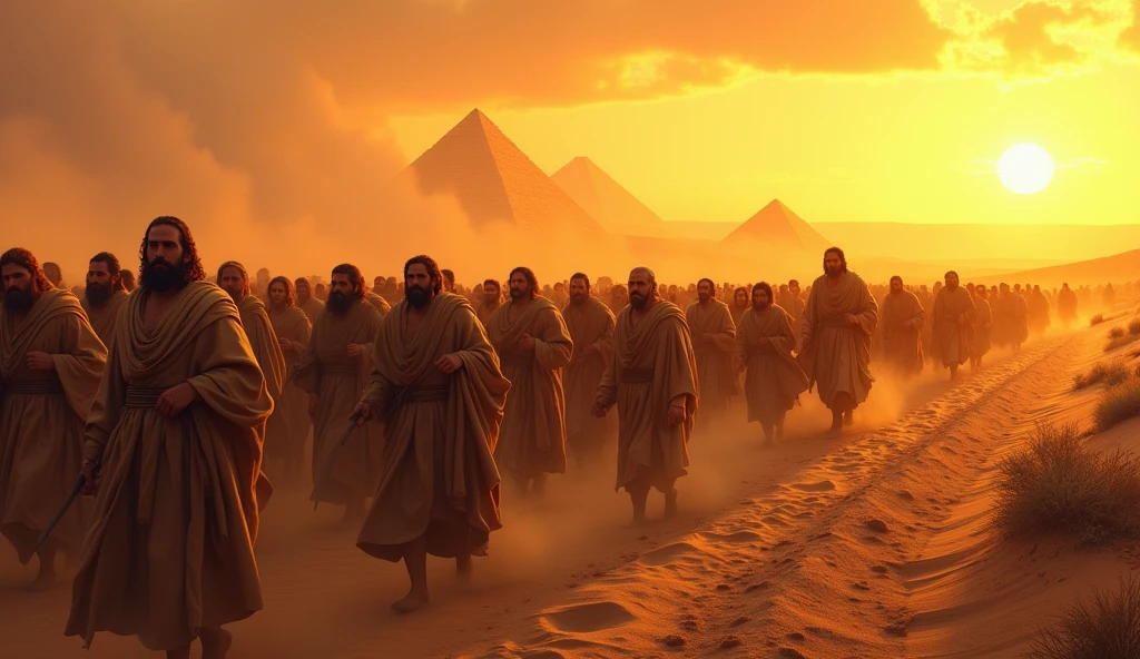 A multitude of Hebrews marching towards freedom, led by Moses. The background is a vast desert, with the sunset in the distance, symbolizing hope and a new beginning. Expressions of determination and joy.