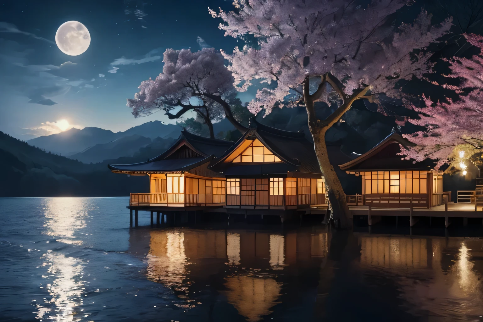 There is a painting depicting a house in the middle of a lake., Digital art inspired by Kano Hogai, Trending on Art Station, Ukiyo-e, Japanese art style, Highly detailed digital art in 4K, Beautiful Art UHD 4K, Background artwork, 4K Highly Detailed Art, 4K Detailed Digital Art, Anime Background Art,There is a cherry tree,There is a moon in the middle of the sky,Moonlit night photography,Fantasy