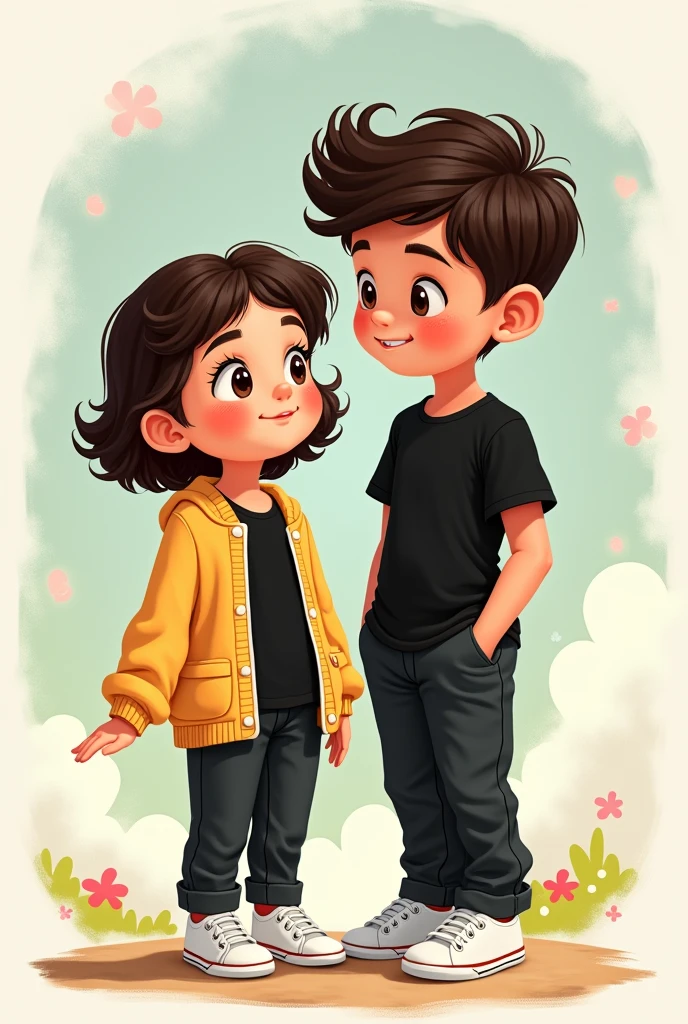 Create a Disney style girl and boy, with an open lead-colored sweater and a black t-shirt inside, black pants, White tennis