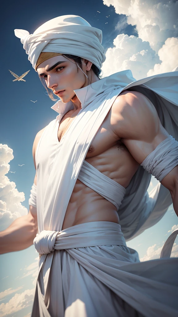 Man flying in the sky, wearing white turban, dynamic angle