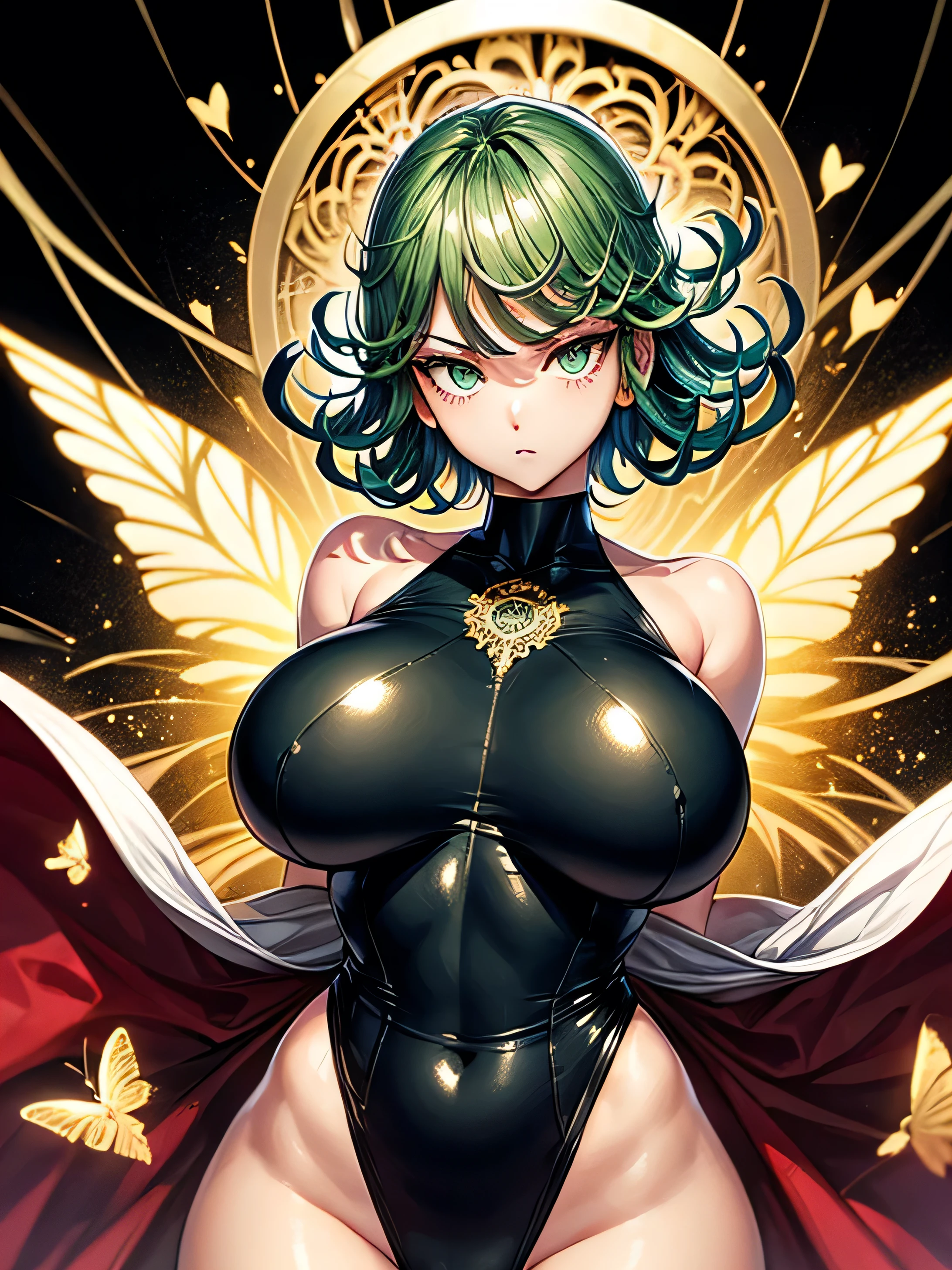(Tatsumaki), (One Punch Man), big detailed green eyes, green hair, (green eyes), green and gold color palette, Official art, Unity 8k Wallpaper, Ultra-detail, Beautiful and aesthetic, masterpiece, Best Quality, (zentangle, mandalas, Tangle, Entangle), (fractal art:1.3) , 1girl, (huge tits), Extremely detailed, Dynamic Angle, Most Beautiful Form of Chaos, elegant, a brutalist designed, vivd colour, romanticism, Atmospheric, arms behind back, (gold metallic pasties), shiny skin, sexy pose, ((black background)), gold dust, heavy blushing, upper body, straight on, gold metallic flowers, ornate gold elements, gold overload, (extra thick thighs), (gold thigh highs), arms behind back, ornate gold border, contrapposto, beautiful legs, (gold explosions), (gold hearts), (gold butterflies), anime submissive, 

