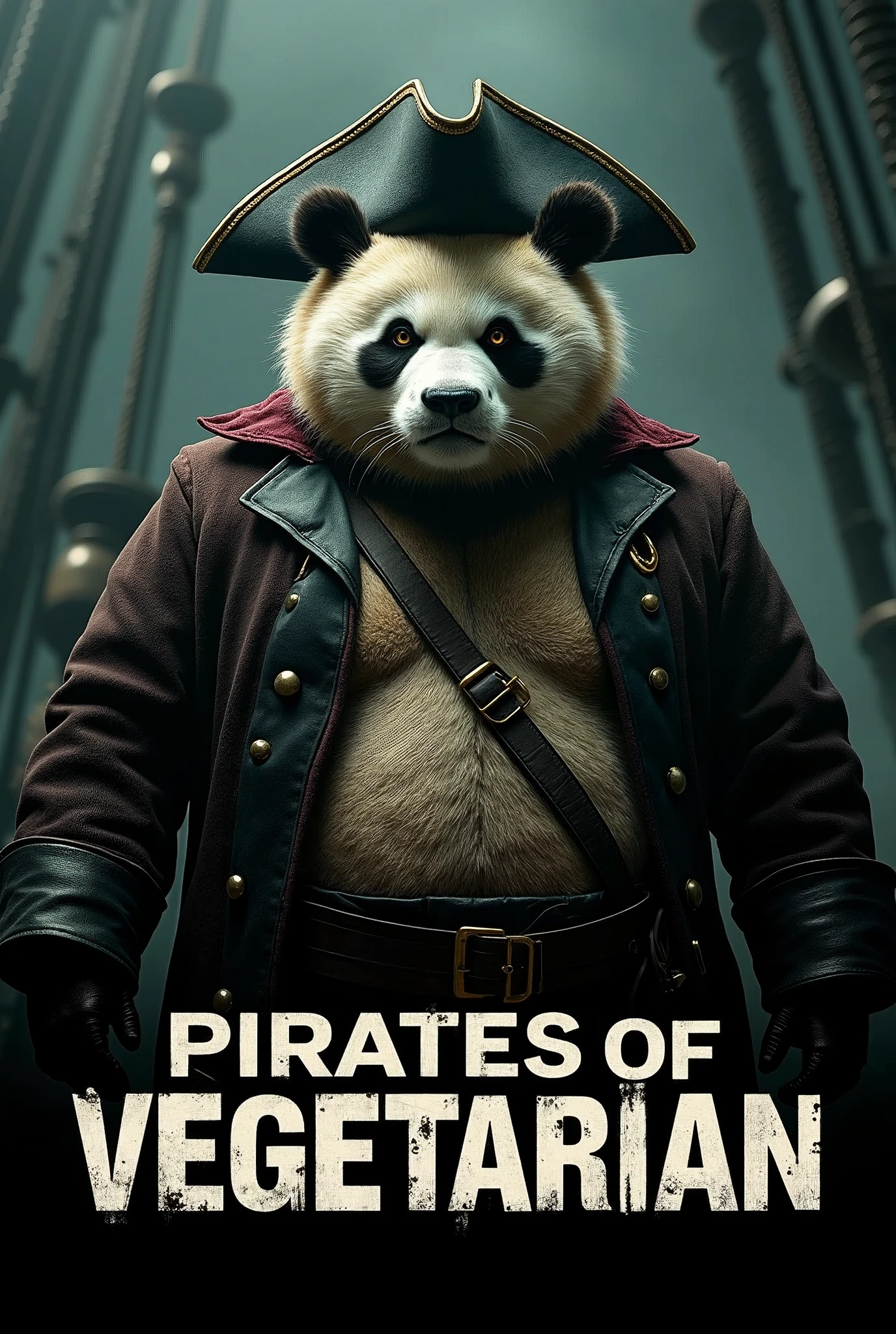 Create a cinematic poster featuring photorealistic portrait of Dressed animals - a ((fat)) panda pirate, , wearing pirate costume and pirate hat , with a serious, intense expression, He should be slightly off-center in the composition, The background should be dark and gritty, pirate's ship with smoky or grunge textures, Use a color scheme of black, deep blues, and dark greens, with subtle silver or gold accents to capture the show's mood, At the bottom of the poster, place the text "PIRATES OF VEGETARIAN" in large, bold, distressed letters, in a sans-serif font. The text should have a cinematic style, with slight shadow or glow effects to make it stand out against the background.