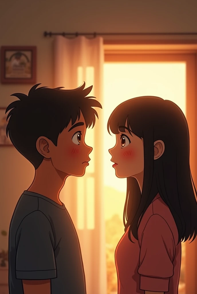 A sixth-grade boy in school, with brown skin and straight black hair, is in love with a girl with brown skin and straight hair. But the boy is sad and afraid to tell her he likes her, and he's crying. Even so, he tells her he likes her, and they start dating. Then, in their junior year of high school, the girl introduces her new boyfriend to her father. Her father loves that his daughter is dating the boy, and they share their first kiss, a romantic kiss.