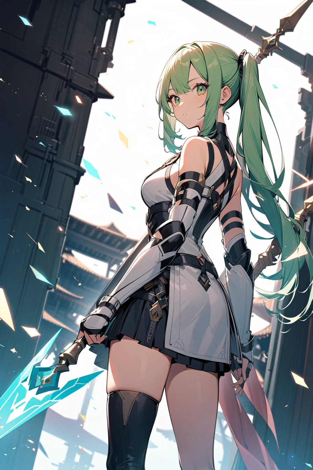 longspear，brunette color hair，teens girl,high side ponytail,light green hair,
