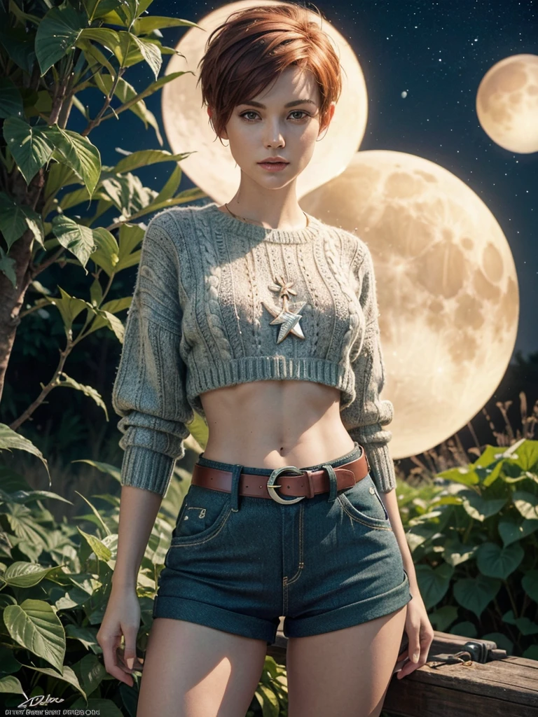 slim feminine figure, redhead, best quality, realistic skin texture, photography, film grain texture and high contrast, extremely high-resolution details, photographic, photorealistic, hyper-realistic, HDR, masterpiece, ((short pixie hair)) shorts, (((a long sweater))), (((a beautiful metal belt))), (((moons and stars on belt))), thin waist, wide hips, a lot of plants with big green leaves in the background, (((close-up on shorts))), thighs