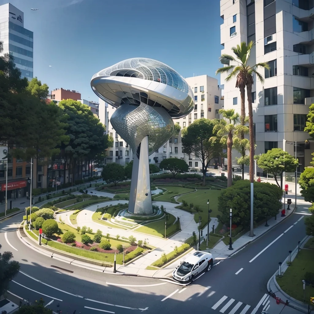 In the middle of the roundabout in the city center is an apple-shaped art sculpture，A small park，Future technology style，Cars passing by on the adjacent road，This is a city rich in apple resources，Future technology style